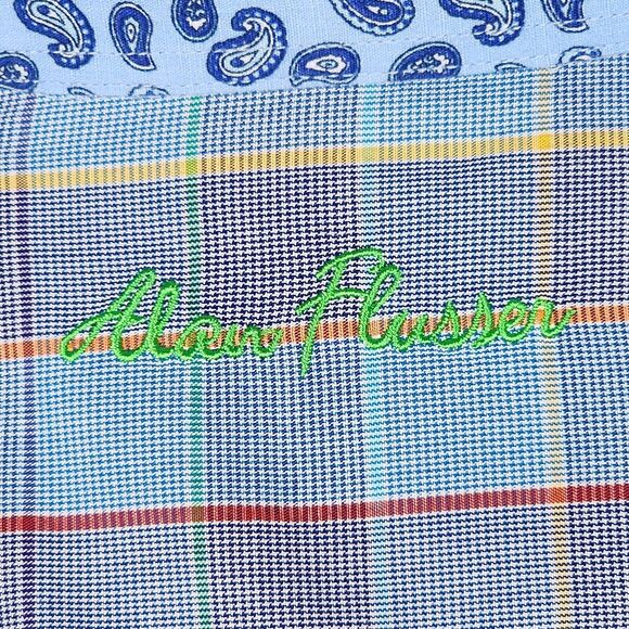 Alan Flusser Blue Check Button Down Oxford Shirt Flip Cuff Size M - Picture 6 of 8